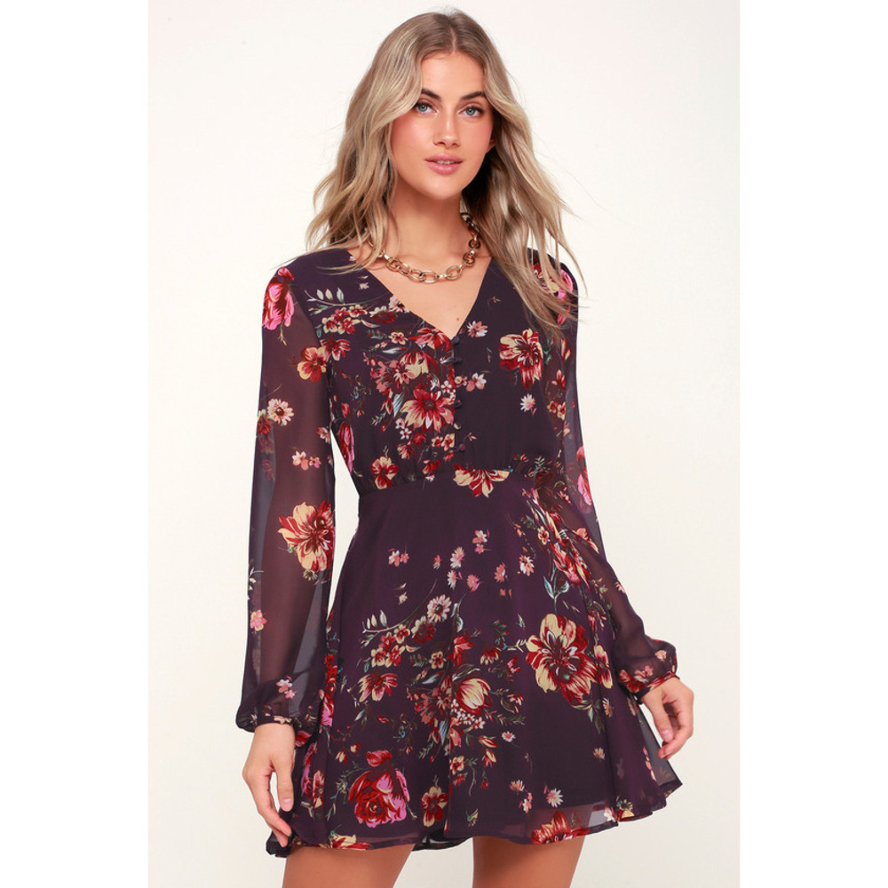 Lulus Always Yours Plum Purple Floral Print Long Sleeve Skater Dress - Size M